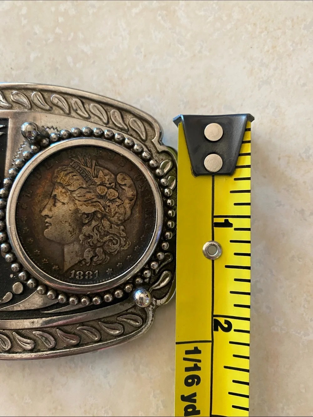 Antique Silver Tone Double Coin Buckle with Morgan Coins